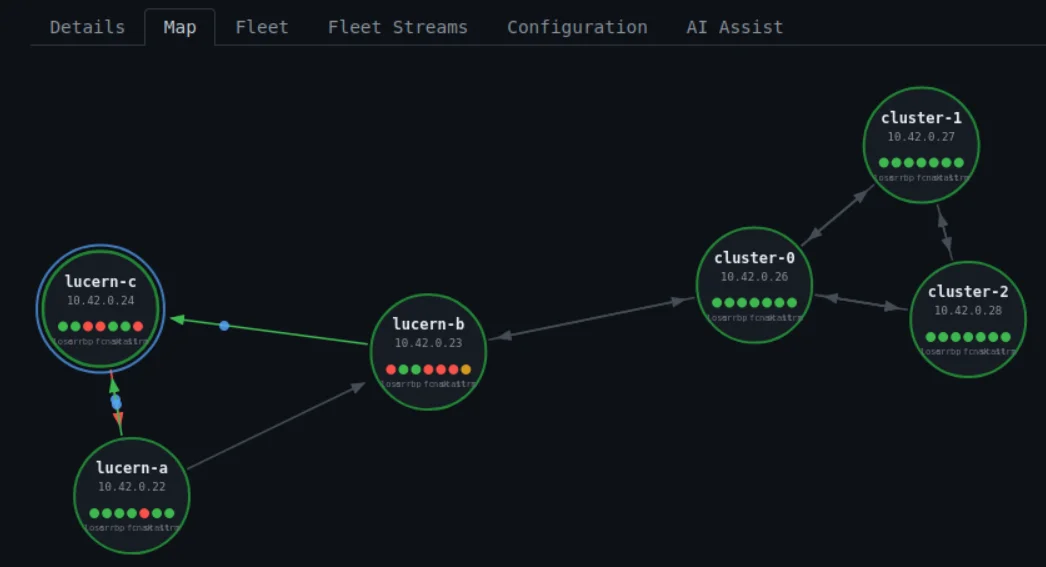 Fleet topology map showing nodes connected by stream channels